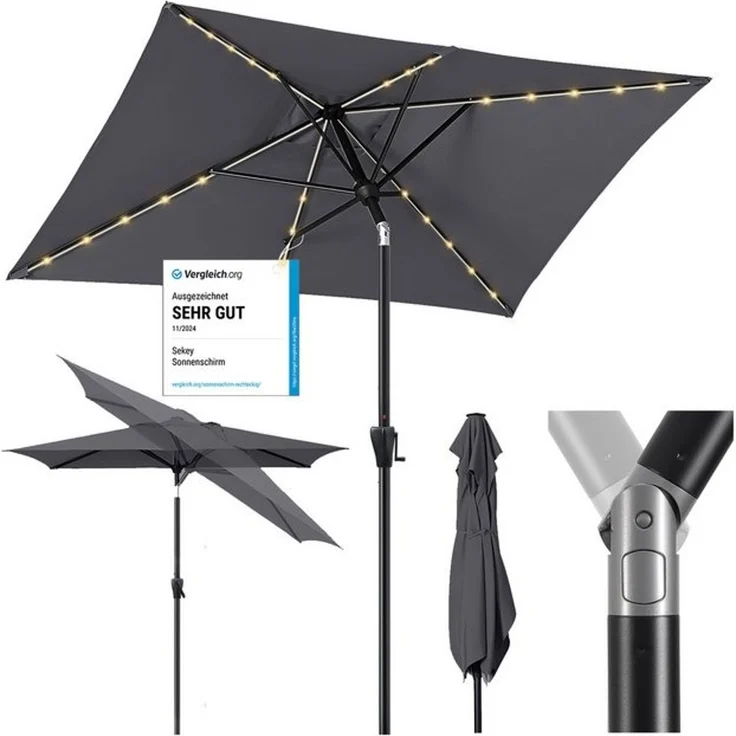 Sekey Sonnenschirm mit LED-Beleuchtung, Kurbel & UV50+, knickbar, Aluminium grau, 200 x 300 cm – Bild 4