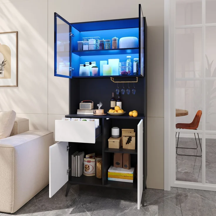 U-life Hochschrank, fürs Wohnzimmer, Vitrine, Anrichte, Sideboard, Esszimmerschrank, MDF, Schwarz – Bild 3