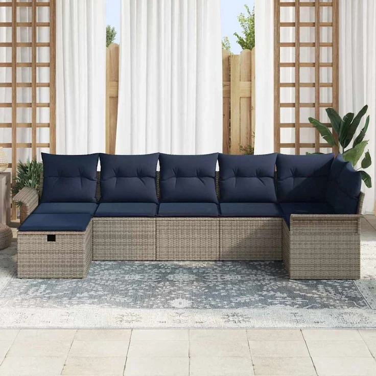 vidaXL Garten-Sofa-Set mit Kissen mit Speicher 7 pcs Grau Poly Rattan 3360236 – Bild 3