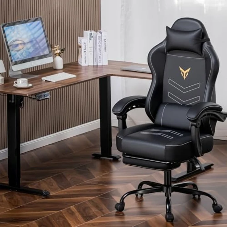 GTPLAYER Gaming Stuhl, Ergonomischer Gamer Sessel mit Fußstütze, Bürostuhl Höhenverstellbar mit Kopf- und Lendenkissen,Drehstuhl aus Kunstleder schwarz – Bild 2