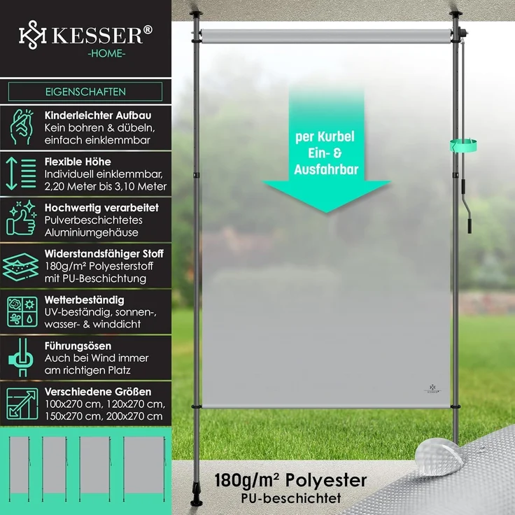 KESSER® Klemmmarkise Senkrechtmarkise außen Ausziehbar & Blickdicht | Vertikalmarkise mit Handkurbel ohne Bohren | Balkon-Sichtschutz & Windschutz für Garten & Terrasse Wasserfest Grau, 150 x 310 cm – Bild 2