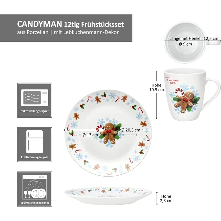 Candyman 12tlg Frühstücksset Porzellan 6 Pers. Teller Becher Weihnachten blau – Bild 6