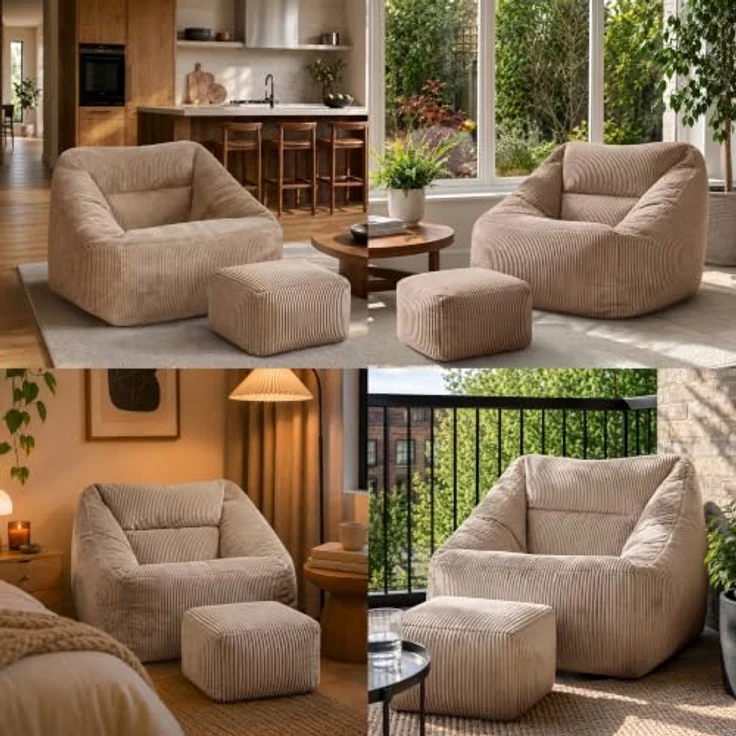 Icon Natalia Sitzsack Sessel mit Hocker für Erwachsene, Mokkabraun, Flauschiger Cord Stoff, Riesen Sitzsack Cord mit Füllung, Bean Bag Chair, Bequemer Sessel Wohnzimmer, Lounge, Schlafzimmer, Büro – Bild 7