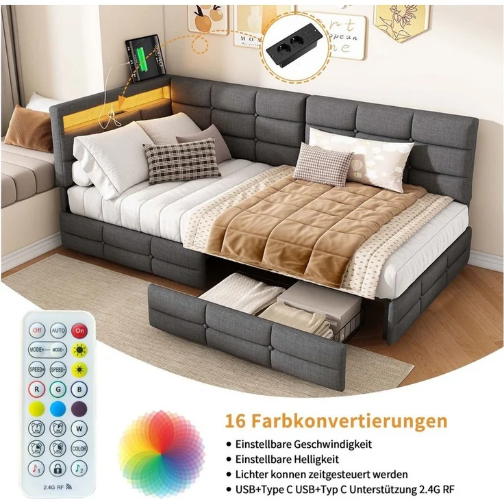 Simurq Polsterbett Polsterbett 90x200 mit L-Kopfteil, Jugendbett, Gästebett (LED-System, USB-Anschluss und Schublade), Modernes Einzelbett aus Leinenoptik-Stoff mit Stauraum – Bild 3