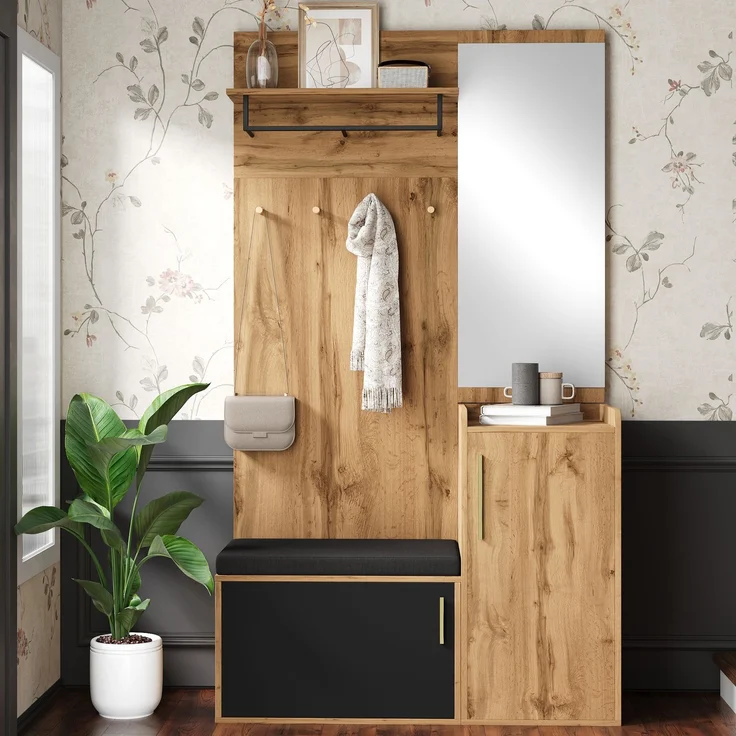 Kompakter Kleiderschrank mit Spiegel und Sitzbank, Flurschrank mit Schuhregal und Haken, kompakter Kleiderschrank, Flurmöbelset(Not a one-piece product, holes need to be drilled in the wall.) – Bild 8