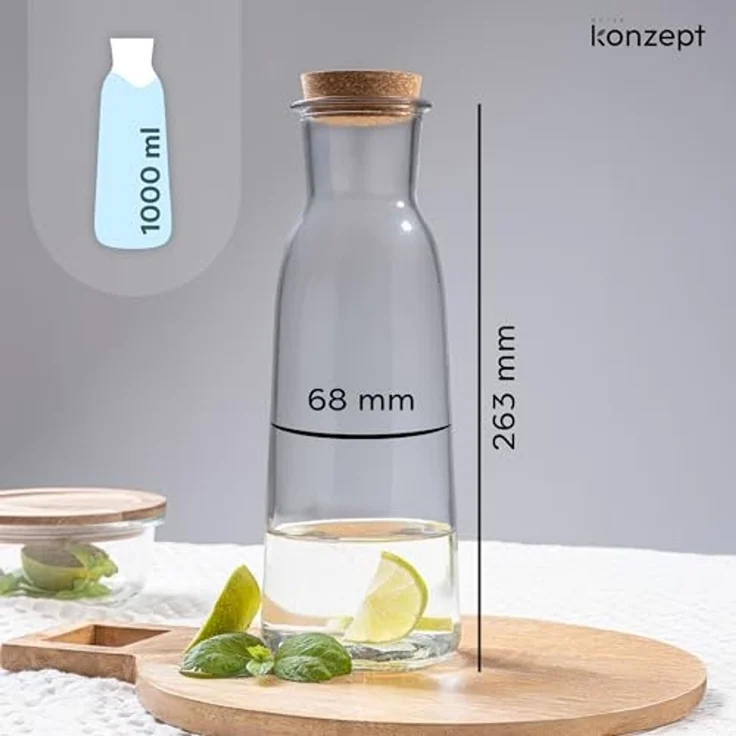 KONZEPT Wasserkaraffe Glaskaraffe mit Korkdeckel, 1 Liter, (Karaffe ideal für Wasser, 1-tlg, Saft, Limonade), ideal für Wasser, Saft, Limonade, Coctails und Milch – Bild 2
