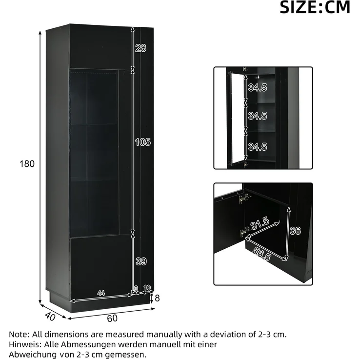Vitrine 60 x 40 x 180 cm aus Spanplatte, mit Acrylglastür und LED-Beleuchtung, Schwarz – Bild 5