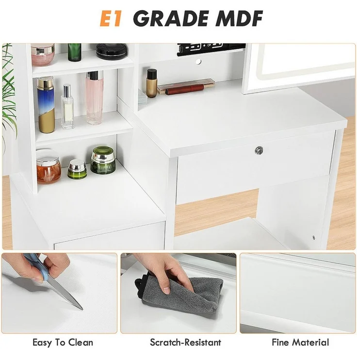 oyajia Schminktisch LED-Beleuchtung,mit Spiegel Hocker und 4 Schubladen Kosmetiktisch (Geeignet für Jugendliche und Erwachsene, Geeignet für Jugendliche und Erwachsene), mit 4 Schubladen und 3 offenen Fächern – Bild 3