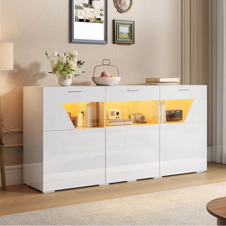 DESVIAE Sideboard Weiß aus Spanplatte – 160x78x38 cm – 3 Türen, LED-Beleuchtung – Bild 1