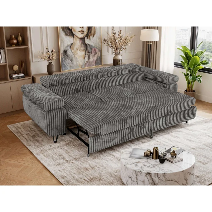 Polstersofa PETER, Sofa 3-Sitzer mit Schlaffunktion, verstellbaren Armlehnen und Kopfstütze, Gepolsterte Couch, Wellenfeder - Dunkelgrau Cord – Bild 5