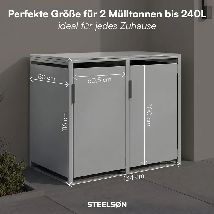 STEELSØN 'Thoria' Mülltonnenbox 2er je 240 Liter, grau, Mülltonnenverkleidung aus Stahl, wetterfest, 116x80x134 cm, Müllbox für 2 Tonnen – Bild 8
