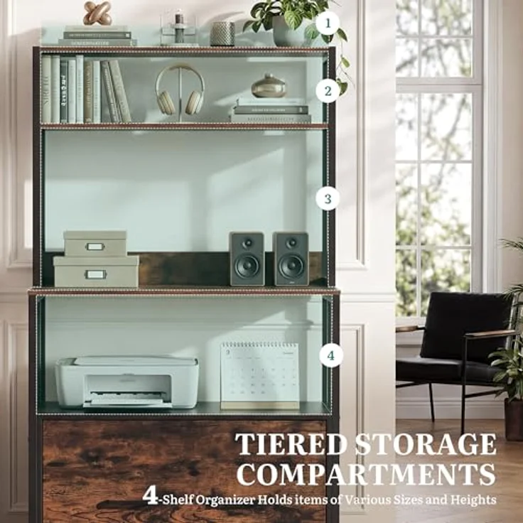 YITAHOME Aktenschrank mit Schublade, Aktenschrank mit Bücherregal für A4, Briefe, Rechtsakten, Metall-Aufbewahrungsschrank, Druckerständer für Büro, Schule, Zuhause, Organisation, rustikales Braun – Bild 7