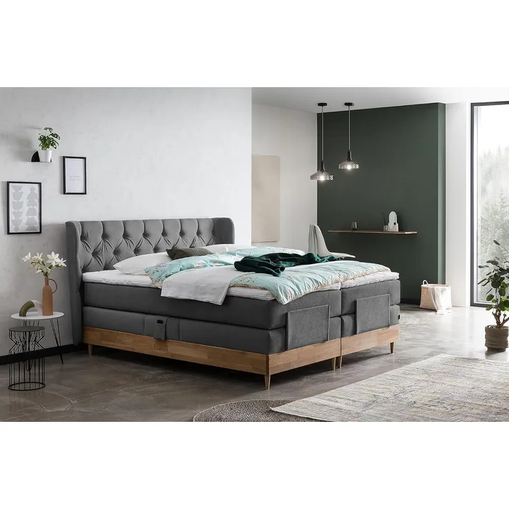 Belanoti Boxspringbett EON (Boxspringbett 180x200 elektrisch verstellbar Bett 180x200 mit Motor, 7-Zonen Taschenfederkern Matratze inklusive Visco Topper), in der Farbe Anthrazit H2/H3 Polsterbett Motorbett mit Eiche