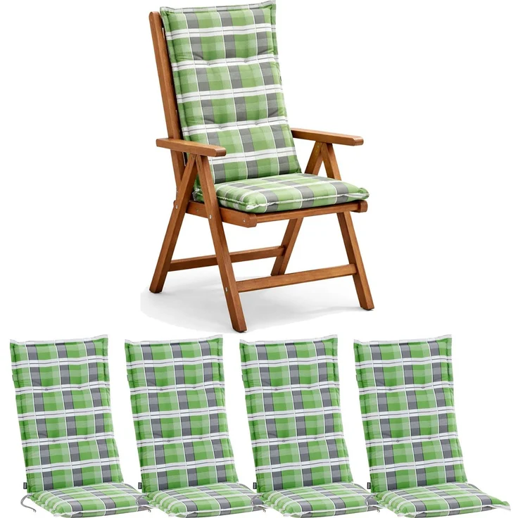 BURI 4x Auflagen Set Hochlehner für Gartenstühle 120x48x7cm Sesselauflagen Polster UV Lichtecht - Gartenstuhlauflagen Karo Muster Stuhlkissen mit Dicker Schaumstoff Füllung (Grün/Grau) – Bild 1