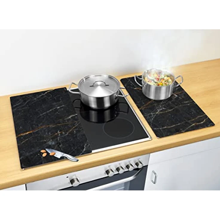 Allstar Glasabdeckplatten Marmor, 2er Set, rutschfeste Herdabdeckung für Glaskeramikkochfelder in Marmor-Optik, praktische Arbeitsflächenerweiterung in der Küche, Gehärtetes Glas, 30 x 52cm, Schwarz – Bild 3