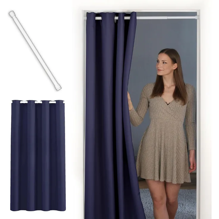 tinycurtains Türvorhang mit Stange weiß 70-120 cm Thermo Vorhang ohne Bohren, blickdicht, Ösen, verdunkelnd, Polyester, dunkelblau Ocean, Türgardine mit Klemmstange Raumtrenner Vorhang Tür