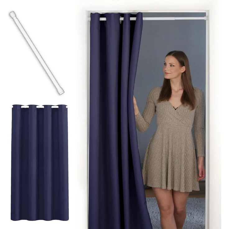tinycurtains Türvorhang mit Stange weiß 70-120 cm Thermo Vorhang ohne Bohren, blickdicht, Ösen, verdunkelnd, Polyester, dunkelblau Ocean, Türgardine mit Klemmstange Raumtrenner Vorhang Tür – Bild 1