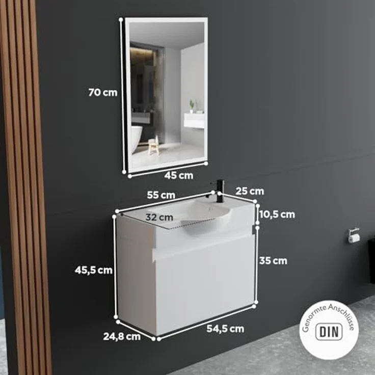 Alpenberger Badmöbel-Set Waschbecken mit Unterschrank 55 cm Breit, (Waschtischunterschrank, Badezimmerschrank Klein), Badschrank Hängend mit Badspiegel – Bild 8
