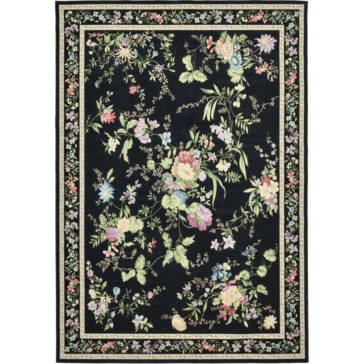 THEKO Flomii Sagrini Flachwebteppich, Schwarz, Floral, Rechteckig, 60x90 cm, für Fußbodenheizung geeignet