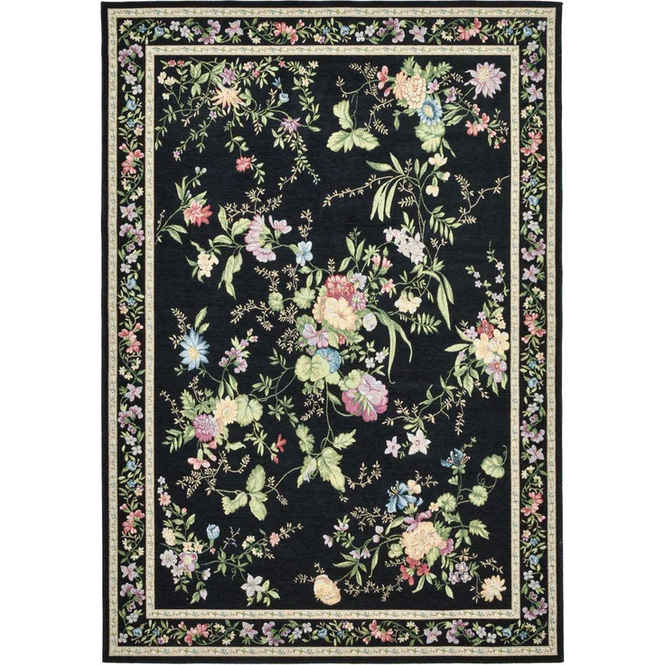 THEKO Flomii Sagrini Flachwebteppich, Schwarz, Floral, Rechteckig, 60x90 cm, für Fußbodenheizung geeignet