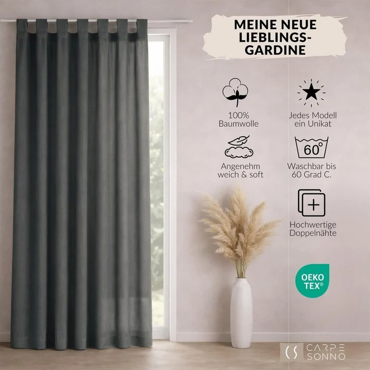 Carpe Sonno Gardine Schlaufenschal blickdicht 145x250 cm 100% Baumwolle Schlaufengardine (1 St), Schlaufen, blickdicht, Baumwolle, Moderne Schiebegardinen für Wohnzimmer Schlafzimmer - Anthrazit – Bild 2