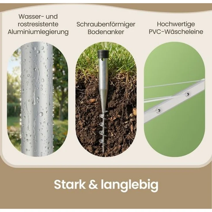 SONGMICS Wäschespinne, höhenverstellbarer, 60 m Wäscheleine, für 6 Waschladungen, draußen, silbern-grün – Bild 4