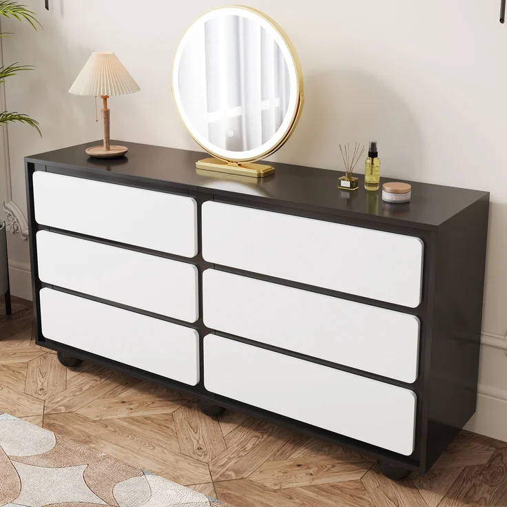 Kommode aus Spanplatte mit 6 Schubladen, 140x38x74,5 cm, Weiß/Schwarz – Bild 2
