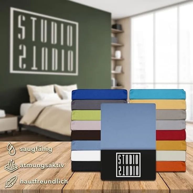 STUDIO Basic Spannbettlaken 160x200 cm, 100% gekämmte Baumwolle, Oeko-TEX 100, Markenqualität, Bettlaken Spannbetttuch Jersey 160x200 - Mittelblau – Bild 7