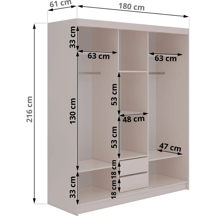 Schiebetürenschrank GRECJA 180 cm breite mit Spiegelfront und Dekor-Applikationen in Kaschmir, inkl. Kleiderstange & Einlegeböden mit Schubladen - Kaschmir – Bild 5