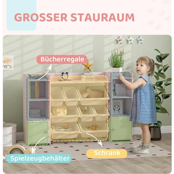 AIYAPLAY Kinderregal mit 8 herausnehmbaren Boxen, 4 offenen Fächern, 2 Schränkfach, Kinderregal 1-tlg, für Kinderzimmer, Spielzimmer, Wohnzimmer, 140 x 30 x 90 cm, Rosa – Bild 5