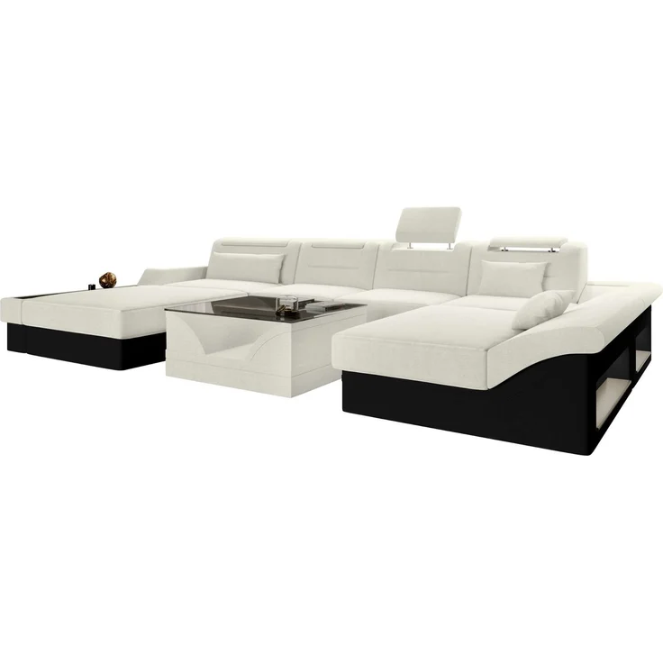 Sofa Dreams - Wohnlandschaft Monza U Form Stoffsofa - Chenille | Samtstoff - Elfenbein-Schwarz - Links – Bild 1