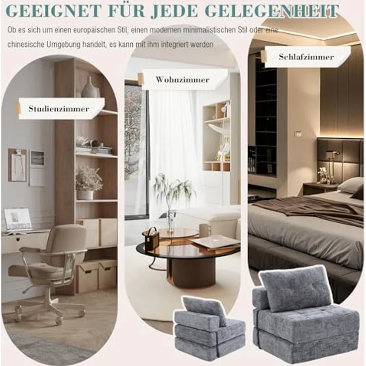 Ball & Cast Bodensofa, Umwandelbarer 2-in-1 Sofa Bett, Chenille Klappsofa mit Rückenlehne für Wohnzimmer und Schlafzimmer, Grau, 1 Sitzplatz – Bild 5