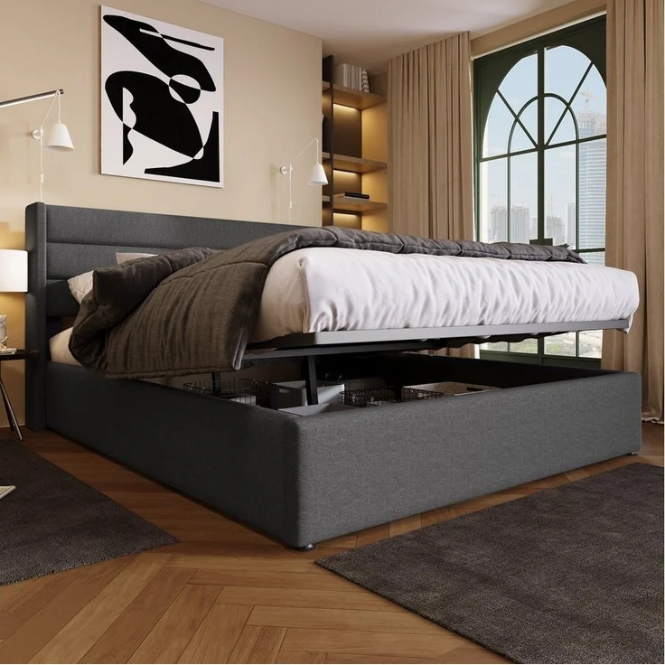 Odikalo Stauraumbett Polster Doppelbett 140/160/180 Lattenrost mit/ohne Matratze Beige/Grau – Bild 1