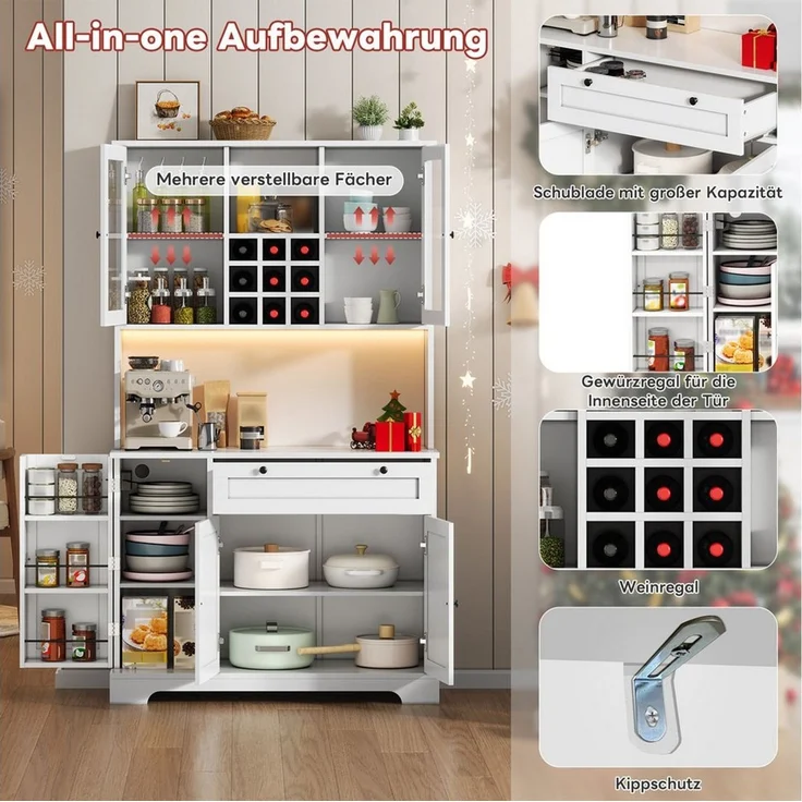 Celya Hochschrank Küchenschrank, Vitrinenschrank mit LED-Beleuchtung und Steckdose (mit 5 Tür, integriertem Gewürzregal, verstellbaren Einlegeböden) Ideal für Esszimmer, Wohnzimmer und Küche – Bild 4