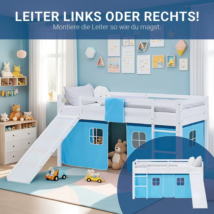Hochbett Kinder 90x200 cm mit Rutsche Kinderbett Kinderhochbett Stockbett Vorhang Blau Leiter Holz Massiv – Bild 6