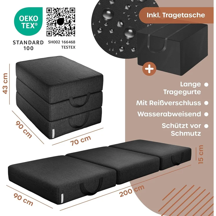 KESSER® Klappmatratze Gästematratze 3-fach Faltmatratze faltbar zum Sitzhocker | Schaumstoff 25kg/m³ extra dick 15cm atmungsaktiv waschbar abnehmbarer Bezug | Matratze inkl. Camping Tragetasche Schwarz, 90 x 200 x 15 cm – Bild 7