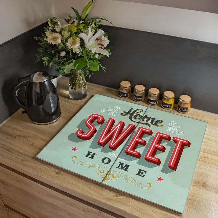 banjado Herd-Abdeckplatte zweiteilig aus Glas mit Motiv Home Sweet Home, (gehärtet, 2 tlg, inkl. selbstklebende Gummifüßchen) – Bild 1