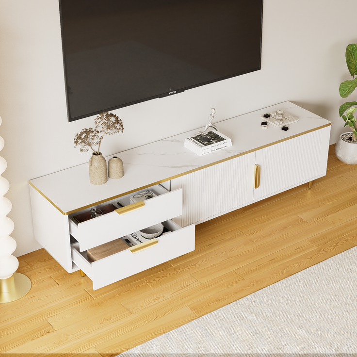 TV-Lowboard, Spanplatte mit Stauraum & goldfarbenen Griffen/Füßen, 175x40x45 cm, Weiß/Gold – Bild 2