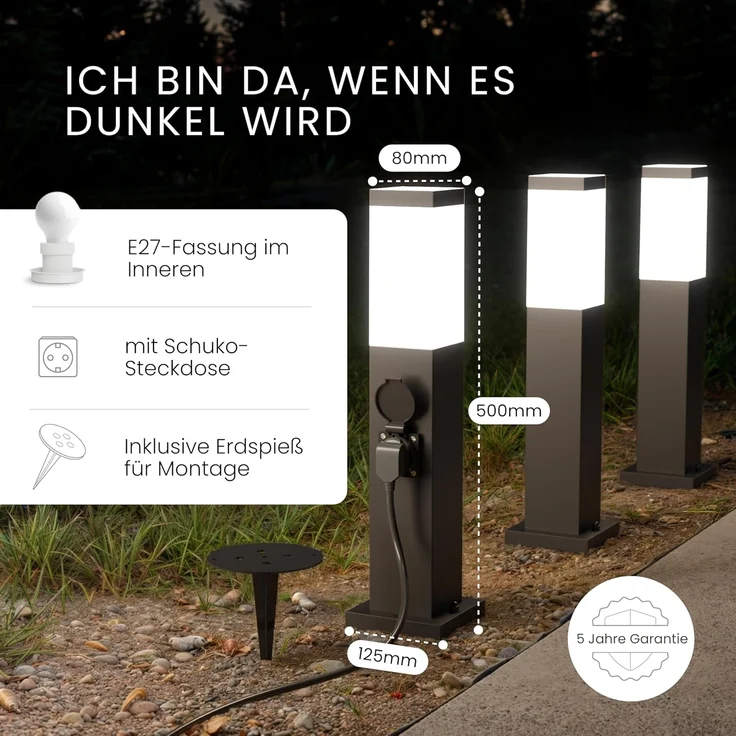 MATO Wegeleuchte mit Steckdose - inkl. Erdspieß, E27 Fassung, Höhe 50 cm - Outdoor Pollerleuchte aus Edelstahl IP44 - Wegleuchte, Sockelleuchte, Standleuchte, Wegeleuchten außen Strom – Bild 2