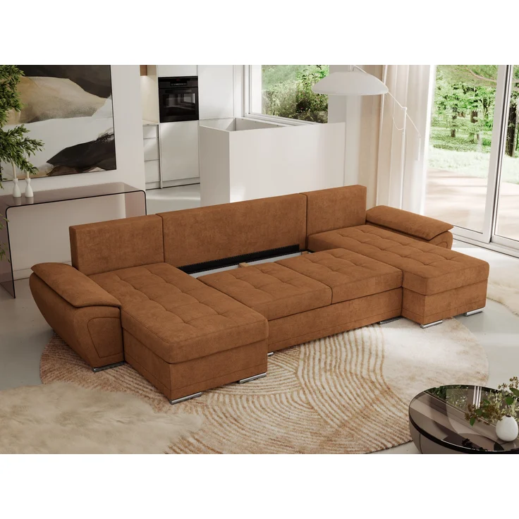 U-förmiges Ecksofa mit Schlaffunktion, genähter Sitz, zwei Armlehnen und losen Kissen - UMBRIA U - Orange Stoff – Bild 4