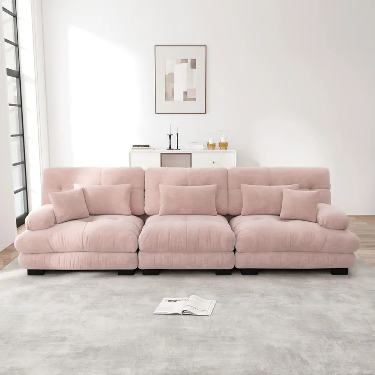 Modulares Ecksofa, 3-Sitzer mit Tiefensitz Chenille Schlafsofa Komfortabel Gepolstert für Wohnzimmer Apartment Studio Büro, Chenille, Rosa