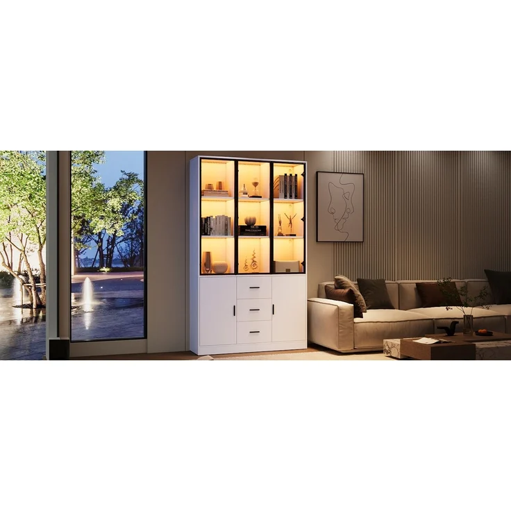 ZUBALIYA Vitrine mit Glasschrank Tür und LED-Licht, Vitrinenschrank Glasvitrine mit MultiStorage Bücherregal, Highboard Sammlervitrine mit Griff, 3 Schubladen & Türen, Wohnzimmerschrank, Weiß – Bild 22