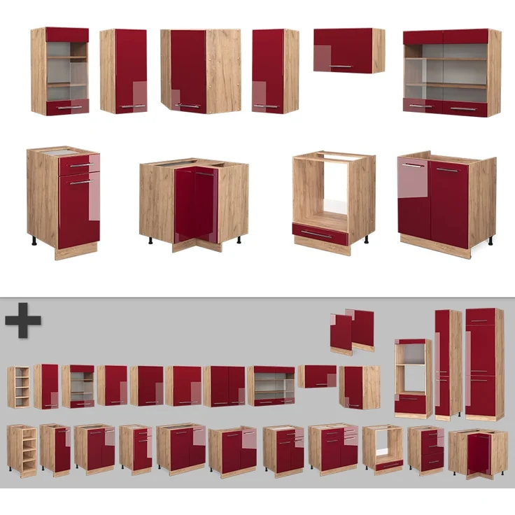 Eckküche Fame-Line Bordeaux Hochglanz/Goldkraft Eiche 190 x 60 cm , AP Anthrazit Vicco – Bild 6