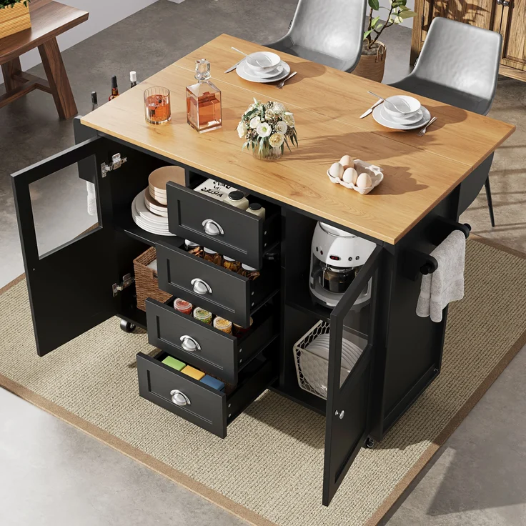 Multifunktionale Kücheninsel Schwarz 137,9×73×92,5 cm, Klapptisch, 4 Schubladen, Glastüren, Handtuch- & Gewürzregale, 92.5cmx137.9cmx45-73cm – Bild 2