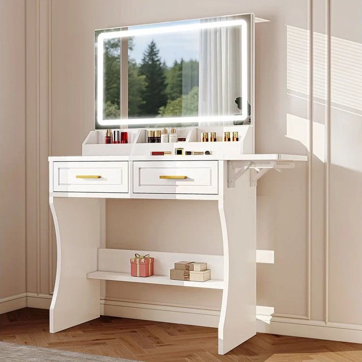 oyajia Schminktisch mit Spiegel und LED Mit 2 Schubladen und 3 Ablagefächern, mit Spiegel, Beleuchtung, 3 Lichtfarben,einstellbare Helligkeit – Bild 5