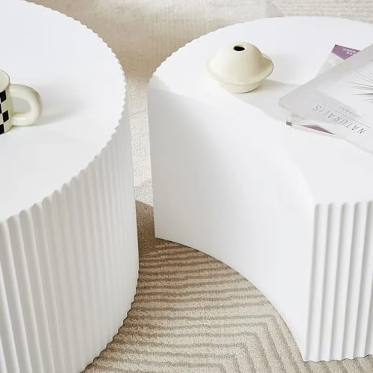 Modern White Nesting Coffee Tables Set - 2 - Piece Round MDF Embossed Board with Matt White Paint, Nordic Style for Living Room, Space - Saving Nesting Design – Bild 6