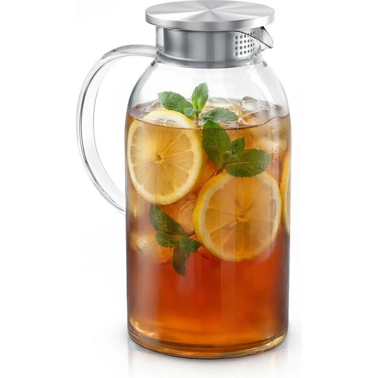 Arendo Karaffe Glaskaraffe 1,8 Liter mit Deckel aus lebensmittelechtem Edelstahl, (Packung, 1x Glaskaraffe mit Edelstahldeckel), Borosilikatglas, 1800 ml, Sieb, hitze- und kältebeständig, BPA-frei – Bild 5