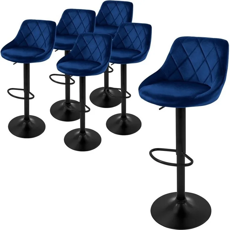 ML-DESIGN Barhocker Gepolsterter Barstuhl mit Rückenlehne und Fußstütze, 360° drehbar (Komplett-Set, 6 St), Drestuhl höhenverstellbar 62-82 cm, Blau, Bezug aus Samt