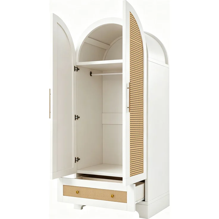 Rayofly-Kleiderschrank 70 x 55 x 170 cm, Doppeltüren-Design, Schubladen und Ablagefächer, Türen aus Kunstrattan, Weiß, H 170cm x T 70cm x B 55cm – Bild 5