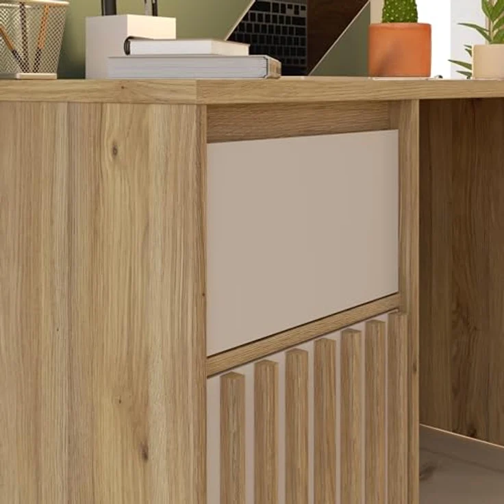 Forte ELISTON Schreibtisch 120, moderner Schreibtisch mit Lamellendesign, Schrank und Schublade, Schlafzimmer, Büro, Mauvella Eiche Holzdekor|Kashmir Beige, 120 cm breit x 74,4 cm hoch x 60 cm tief – Bild 9